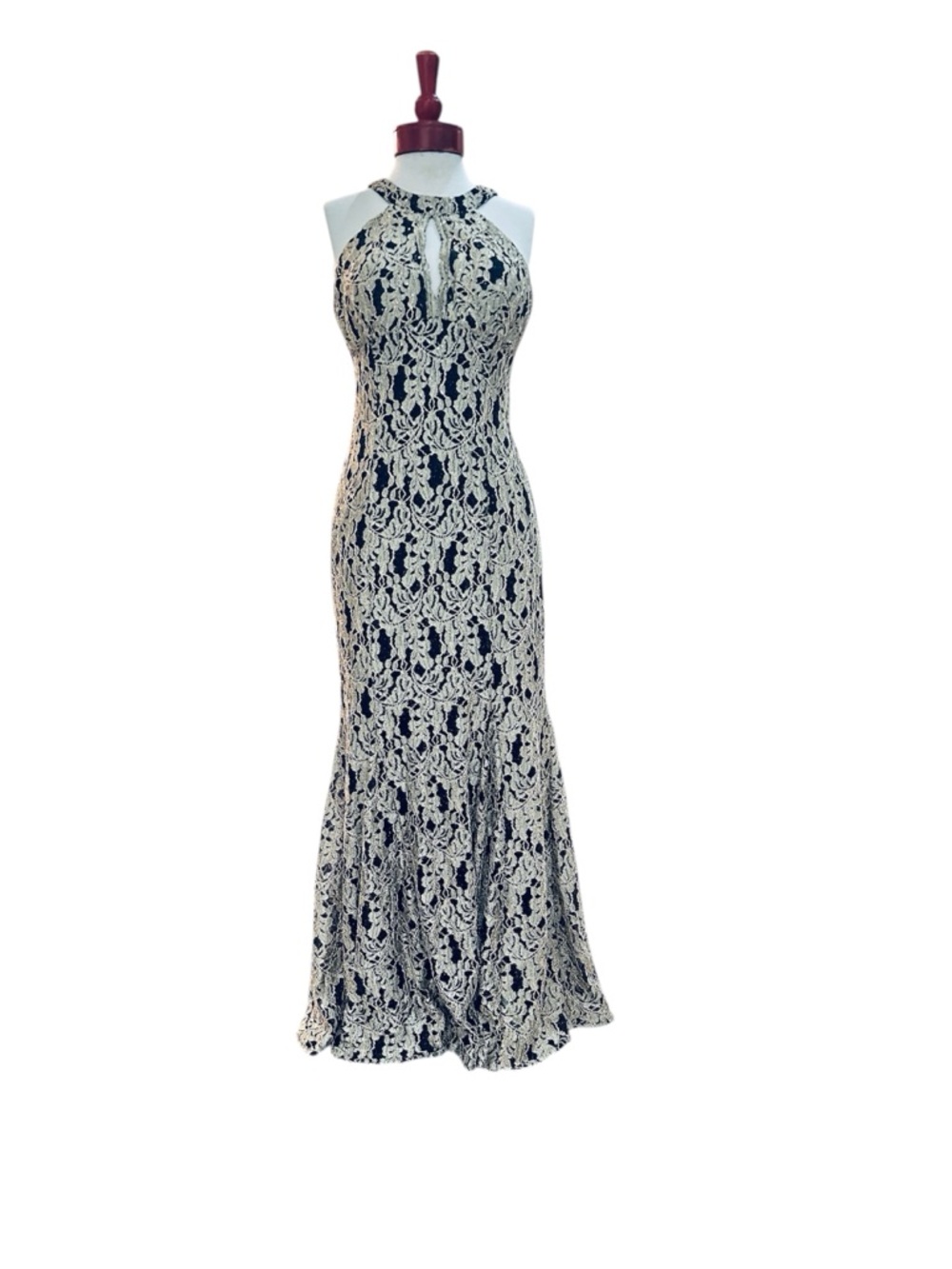 Night Way Collections Black and Gold Lace Halter Maxi Dress